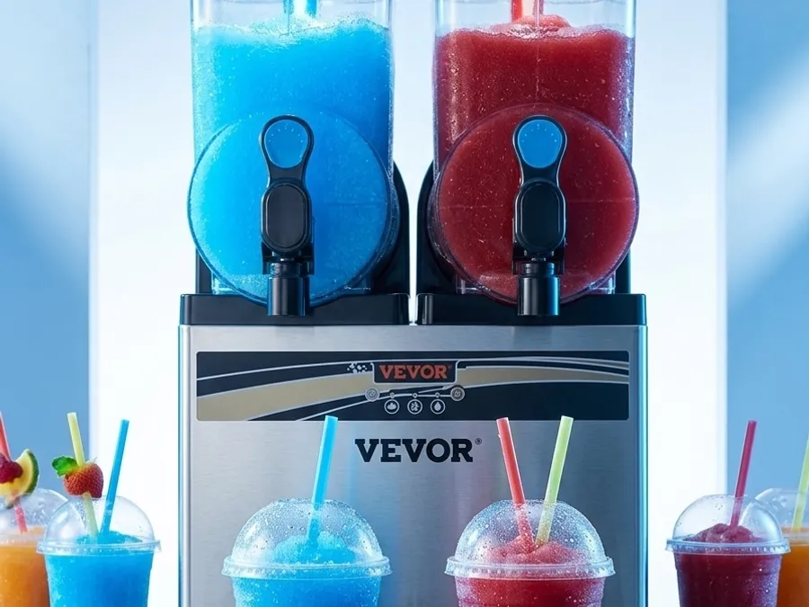 Profi-Slushmaschine VEVOR mit zwei Tanks (blaues und rotes Slusheis) und fertigen Bechern